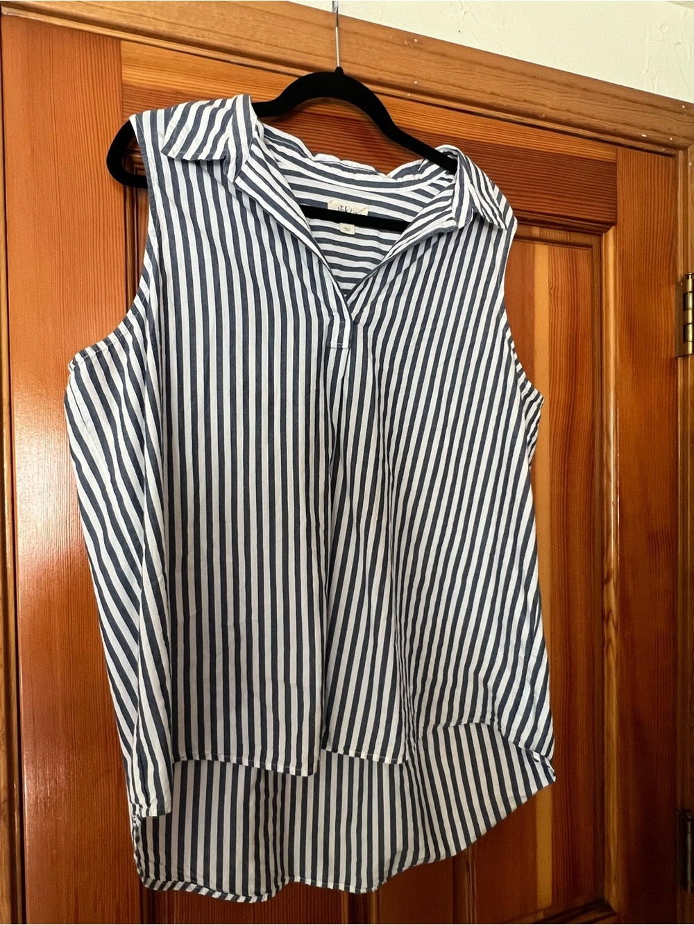 Style & Co. Navy & White Striped Sleeveless Collared Blouse